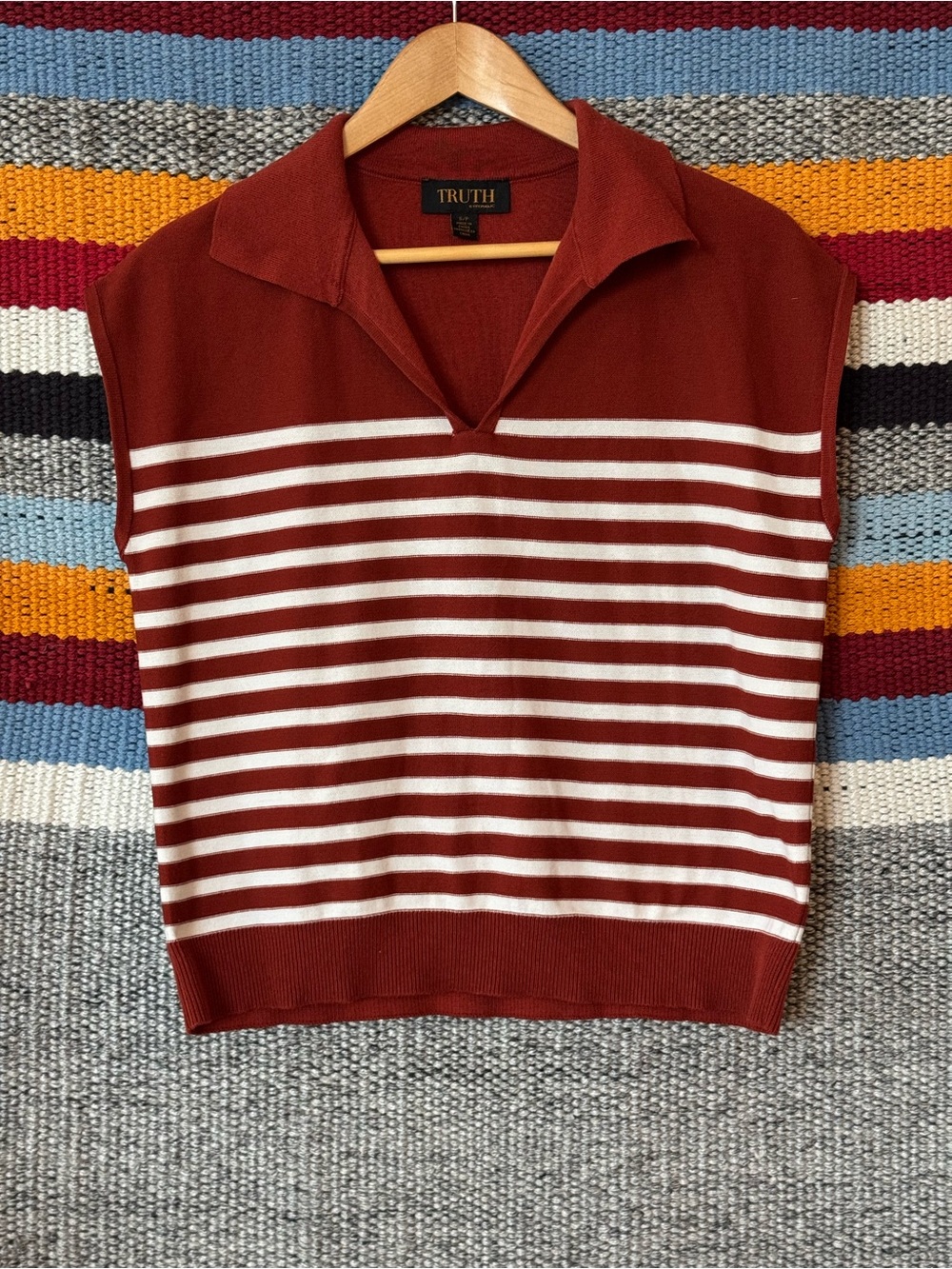 Truth Rust & White Striped Sleeveless Polo Vest